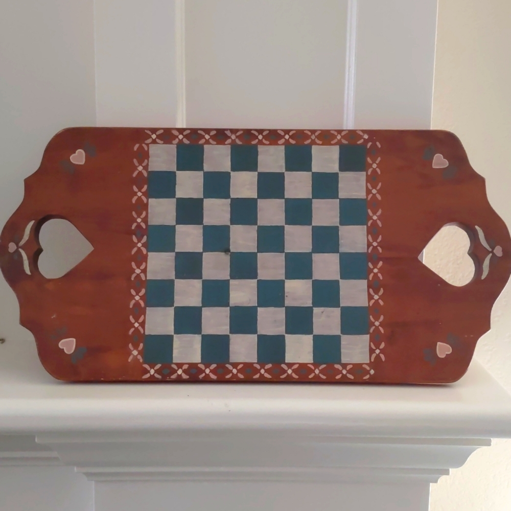 Folk Art Checkerboard Handmade Wooden Americana Artisan vintage '80s
